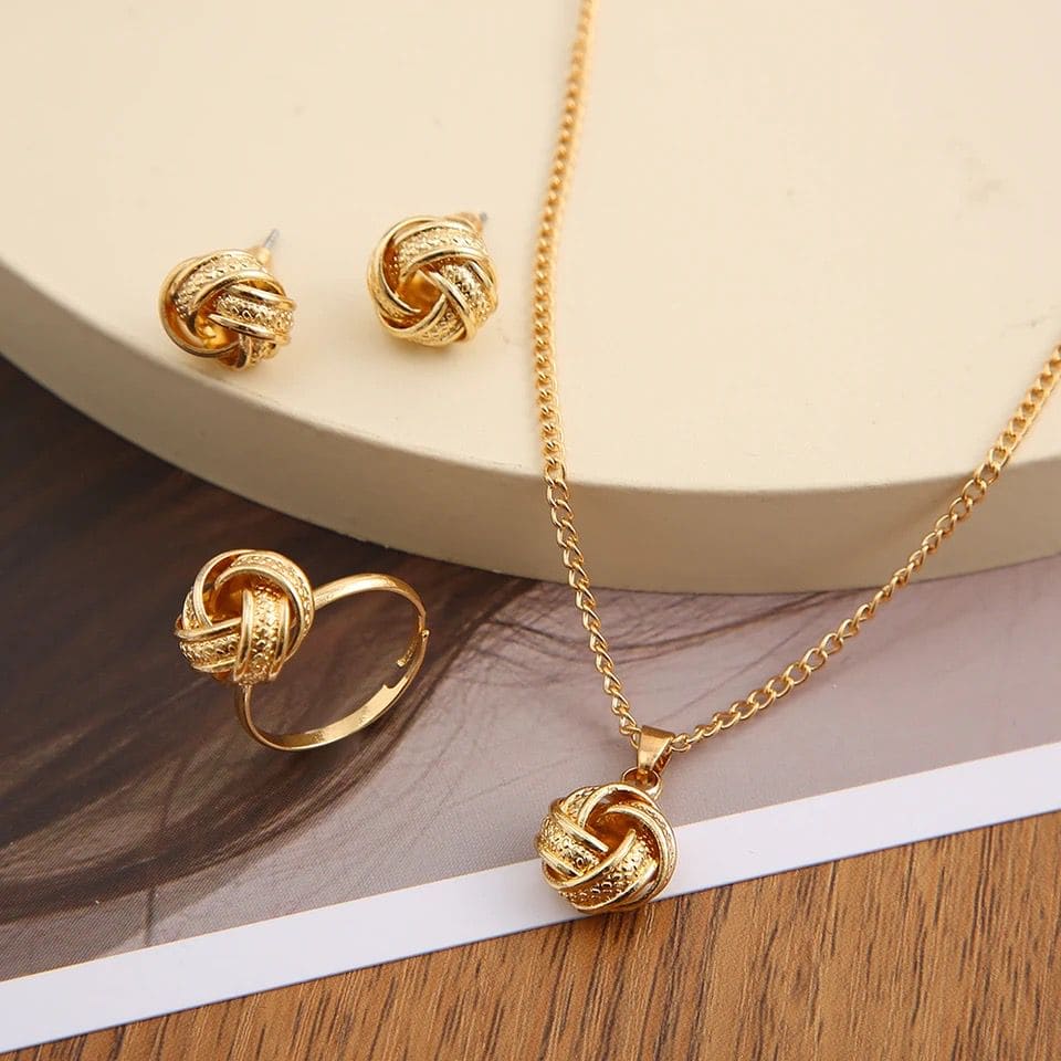 Gold Ball Shape Jewelry Sets, Twist Lucky Knot Earrings Necklace Ring Jewelry Set, Trendy Fashion Style Adjustable Chain Rings Necklace For Woman Gold Ball Shape Jewelry Sets, Twist Lucky Knot Earrings Necklace Ring Jewelry Set, Trendy Fashion Style Adjustable Chain Rings Necklace For Woman